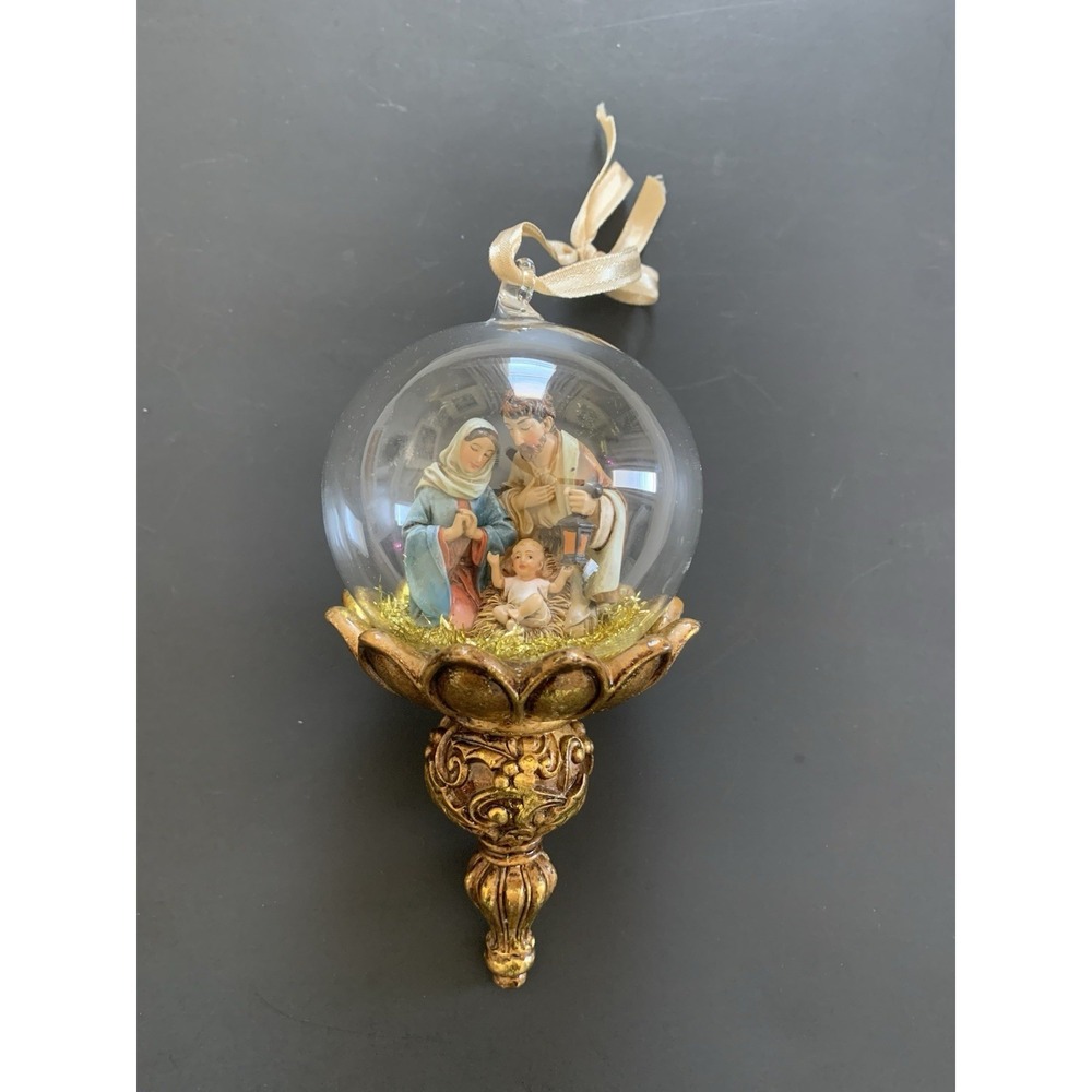 VTG Christmas Glass Ornament Jumbo Art Swirl Finial Diorama Nativity Xmas 6''